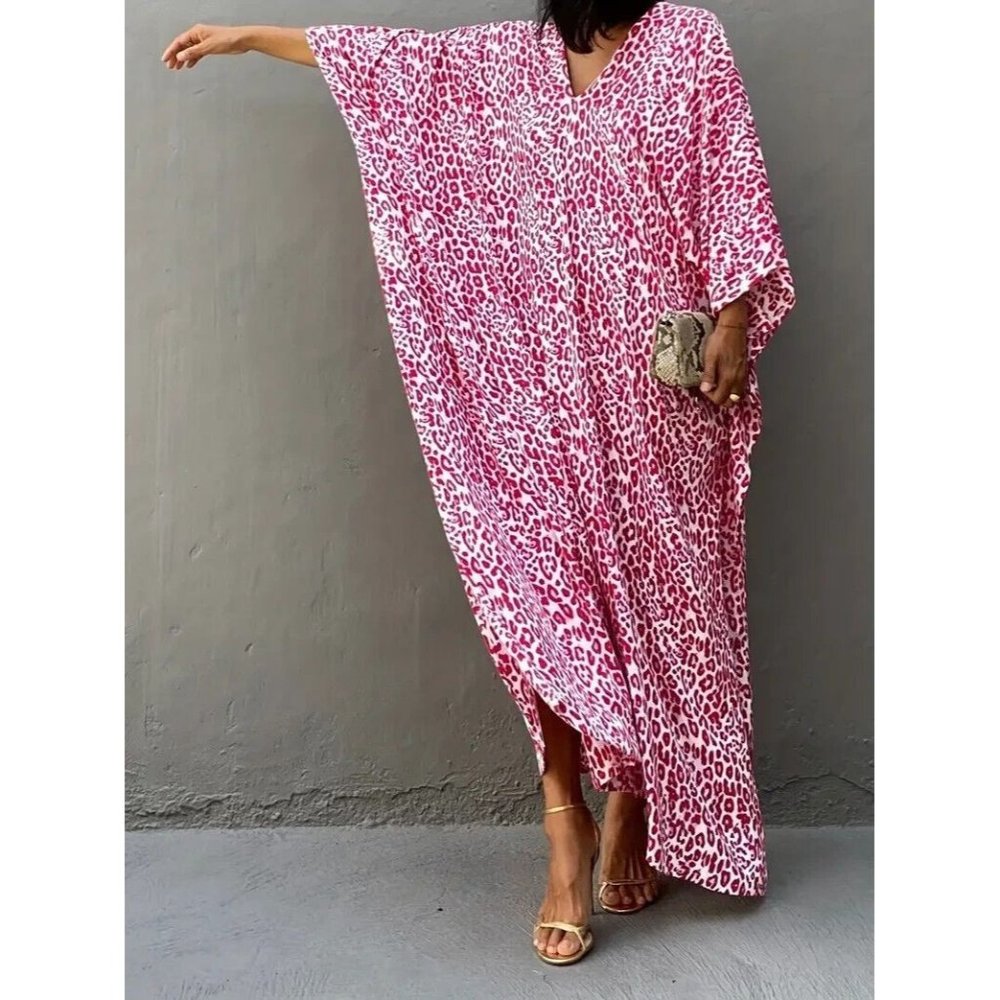 Leopard Print V Neck Split Thigh Kaftan, Batwing Half Sleeve Kimono Beach Cover